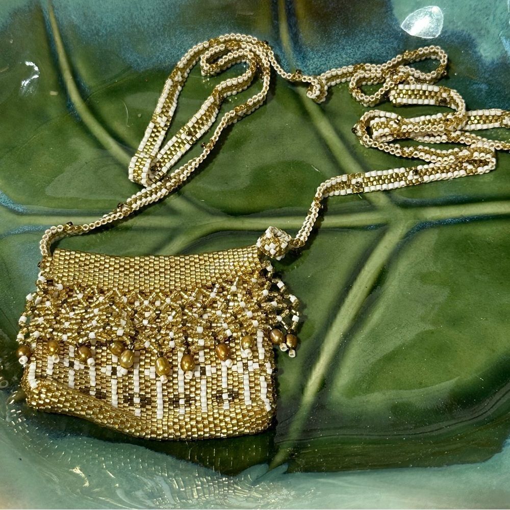 Vintage Miniature Gold Beaded Fold Over Purse